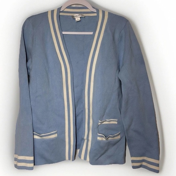 Pendleton Cardigan Sweater Blue White Striped Silk Sz L Preppy Academia Varsity - Picture 1 of 13